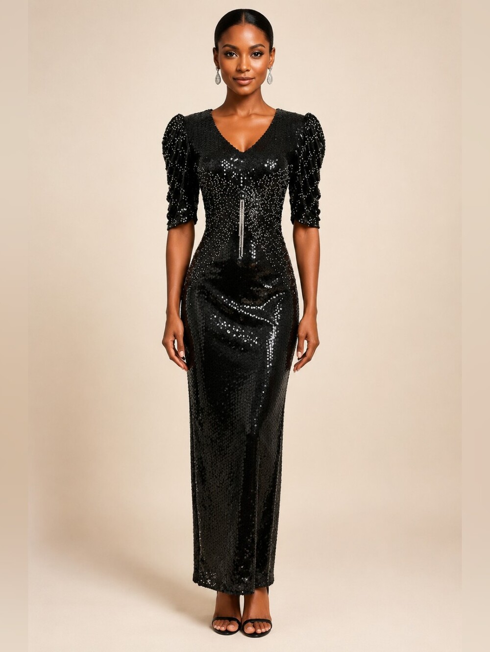 Zimble Black Sequin Puff Sleeve Formal Maxi Dress M
